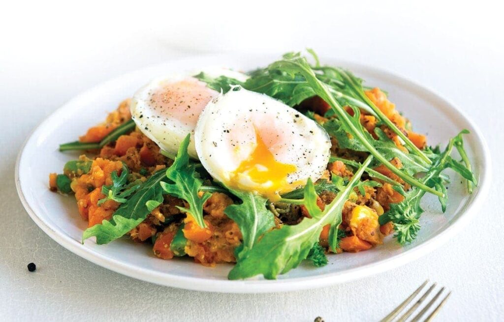 Poached Eggs over Sweet Potato Hash