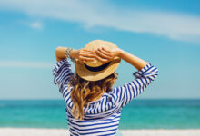 Summer Vacation girl on beach wearing hat