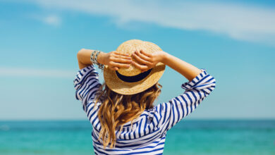 Summer Vacation girl on beach wearing hat